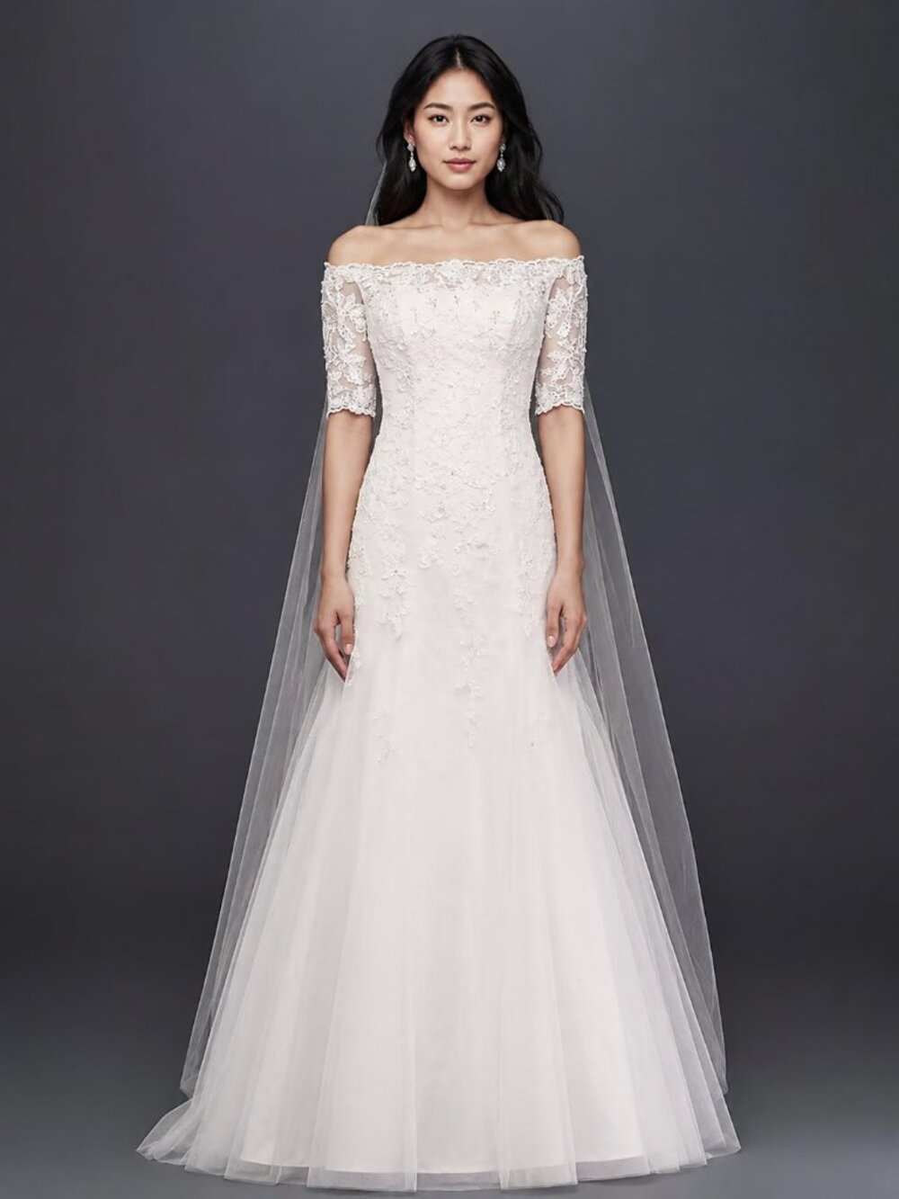 David's Bridal Lace A-Line Wedding Dress with Illusion Boat Neck Size 14
